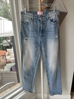 REVICE Designer High-Rise Distressed Light Blue Denim Jeans Straight Leg Size 28